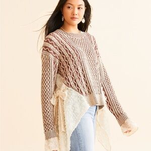 Miss Me Women's Cable Knit Sweater with Lace Detail - Reddish Brown and Cream